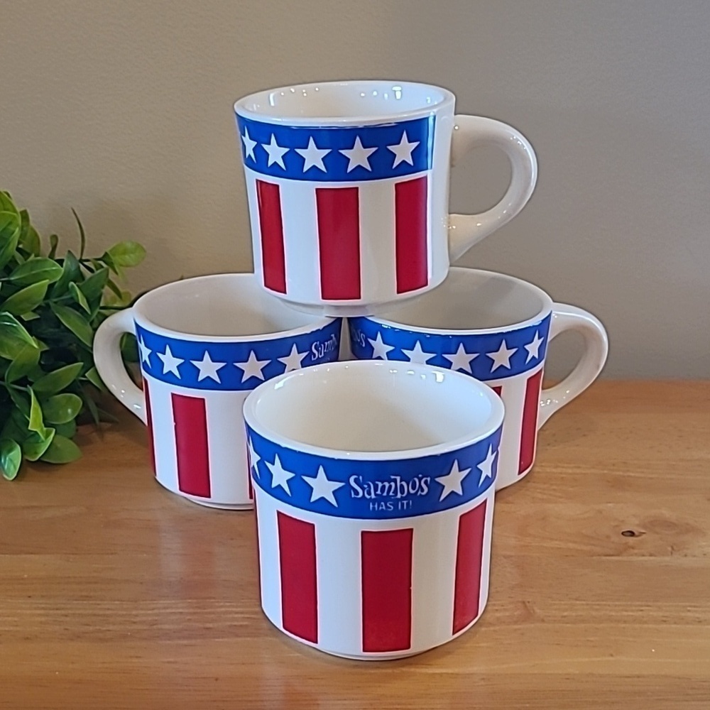 VINTAGE 70s Sambo's Restaurant "Sambo's Has It!" Red, White and Blue Mugs, USA